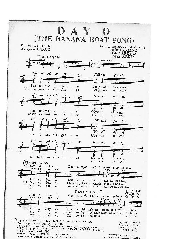 télécharger la partition d'accordéon Day O (The banana boat song) (Chant : Les compagnons de la chanson) au format PDF