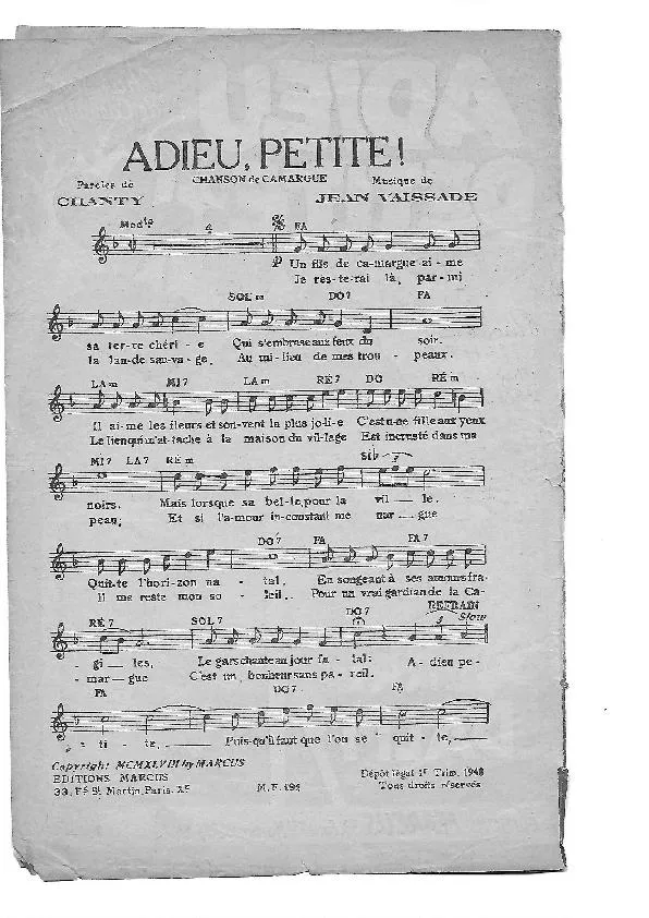 télécharger la partition d'accordéon Adieu Petite (Chant : Pierre Dalmy) (Chanson de Camargue)  au format PDF