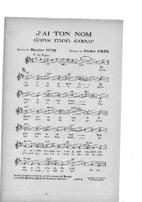 télécharger la partition d'accordéon J'ai ton nom dans mon coeur (Valse Chantée) au format PDF
