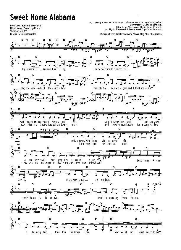 télécharger la partition d'accordéon Sweet home Alabama (Chant : Lynyrd Skynyrd) (Country Rock) au format PDF