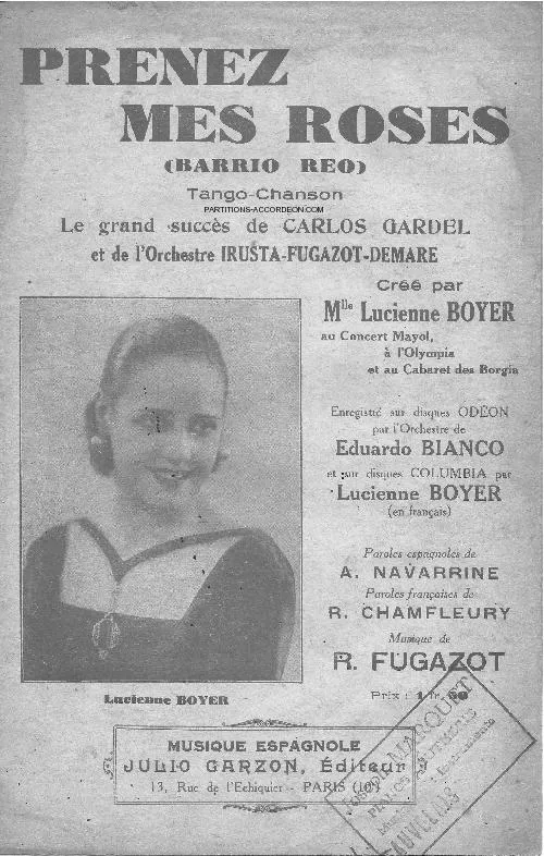 télécharger la partition d'accordéon Prenez mes roses (Barrio Reo) (Chant : Lucienne Boyer / Eduardo Bianco) (Tango) au format PDF