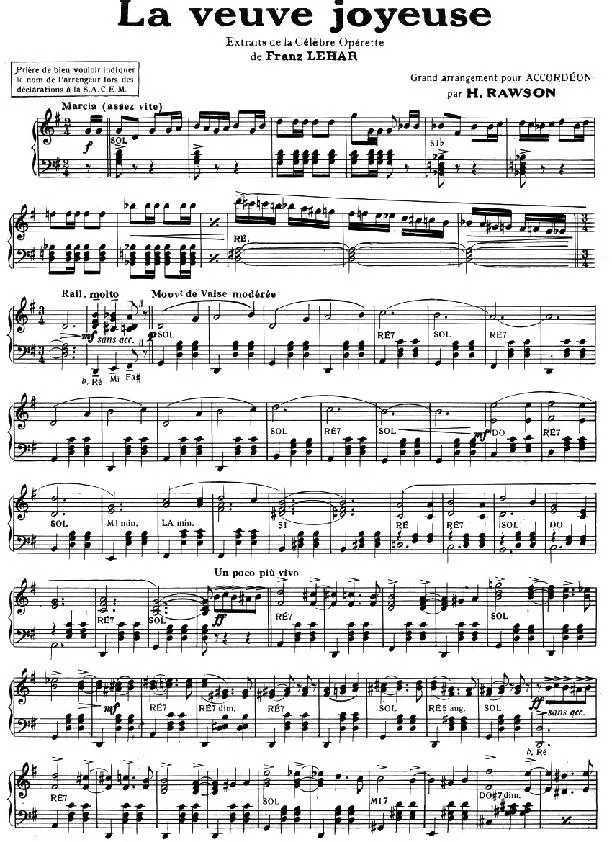 télécharger la partition d'accordéon La Veuve Joyeuse (Extraits de la Célèbre Opérette) (Arrangement : Henri Rawson) (Marche) au format PDF