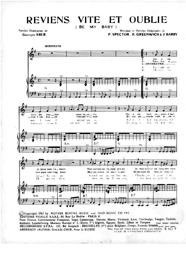 télécharger la partition d'accordéon Reviens vite et oublie (Be my Baby) (Chant : Les Surfs / Frank Alamo) au format PDF