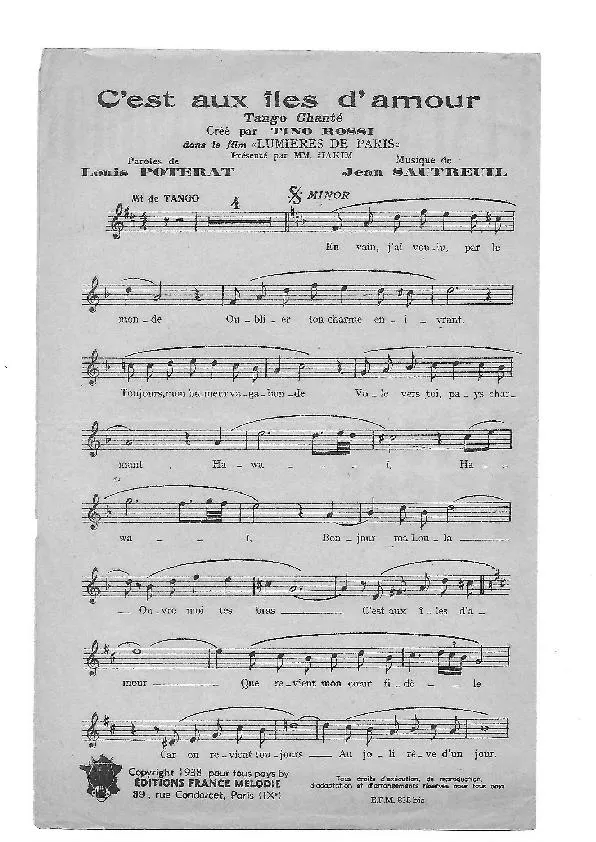 télécharger la partition d'accordéon C'est aux îles d'amour (Du Film : Lumières de Paris) (Chant : Tino Rossi) (Tango Chanté) au format PDF