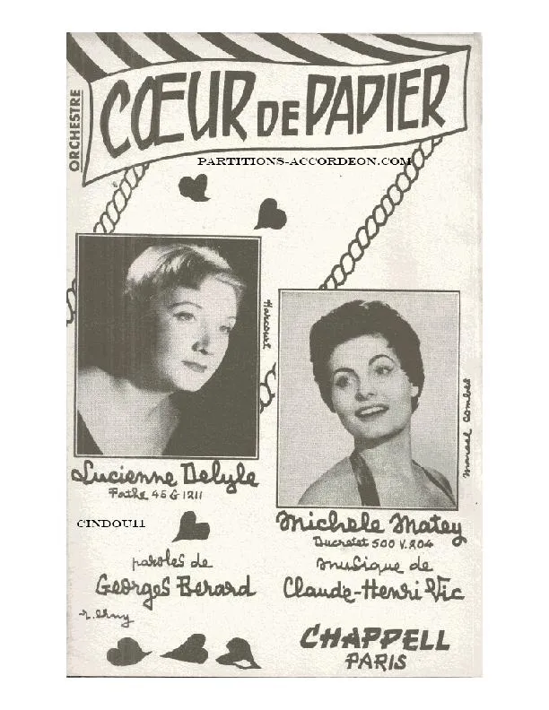 télécharger la partition d'accordéon Coeur de papier (Chant : Lucienne Delyle / Michèle Matey) (Orchestration) (Valse) au format PDF