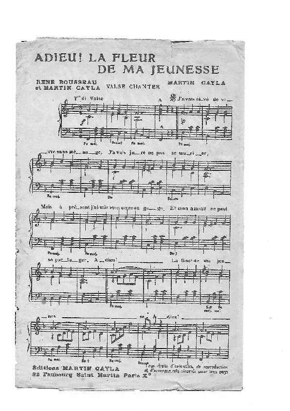 télécharger la partition d'accordéon Adieu la fleur de ma jeunesse (Chant : Suzanne Pradal) (Valse Chantée)  au format PDF