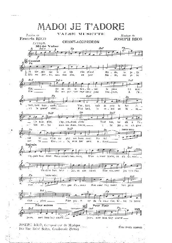 télécharger la partition d'accordéon Mado Je t'adore (Valse Musette) au format PDF