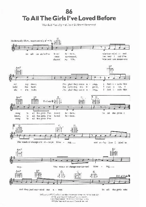 télécharger la partition d'accordéon To all the girls I've loved before (Chant : Julio Iglesias) (Slow) au format PDF