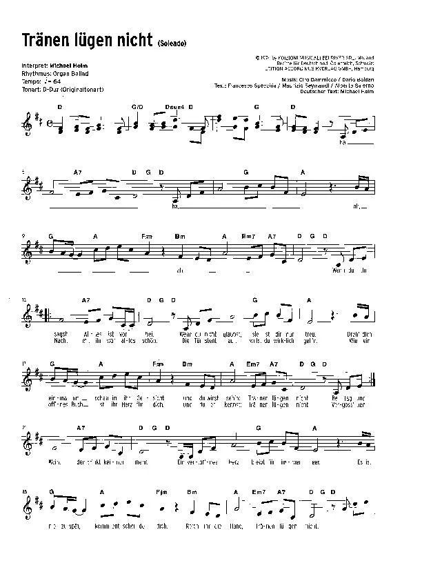 télécharger la partition d'accordéon Tränen lügen nicht (Soleado) (Chant : Michael Holm) (Slow) au format PDF
