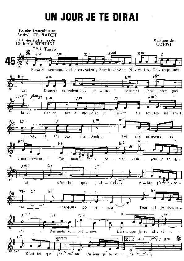 télécharger la partition d'accordéon Un jour je te dirai (Chant : Tino Rossi) (Tango) au format PDF