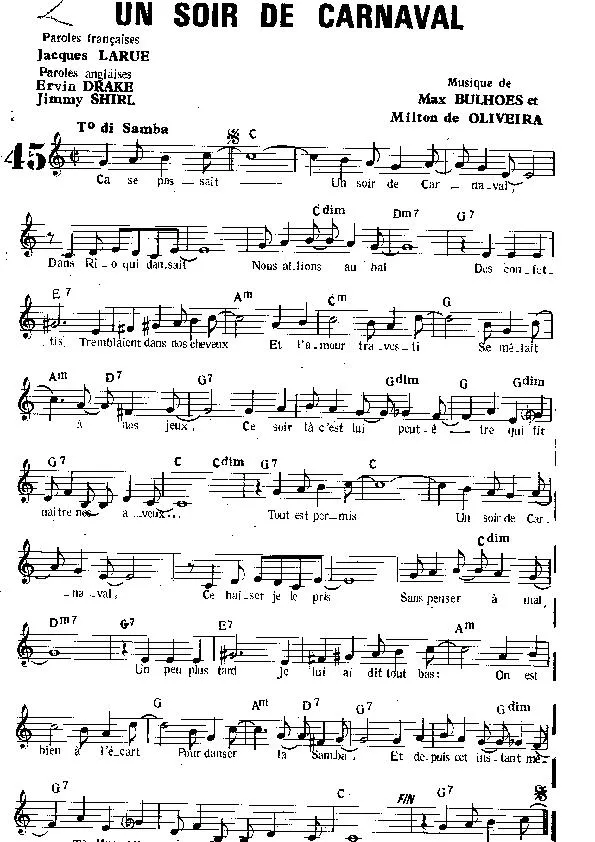 télécharger la partition d'accordéon Un soir de Carnaval (Chant : Georges Guétary) (Samba) au format PDF