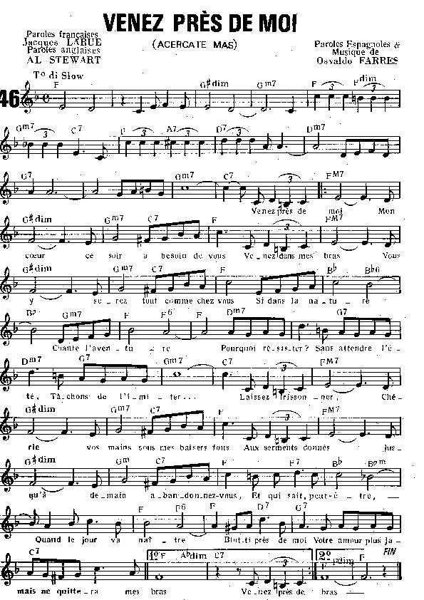 télécharger la partition d'accordéon Venez près de moi (Acercate mas) (Come closer to me) (Chant : Yvette Giraud) (Slow) au format PDF
