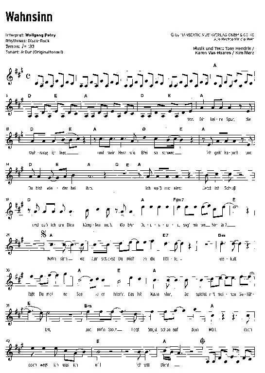 télécharger la partition d'accordéon Wahnsinn (Chant : Wolfgang Petry) (Disco Rock) au format PDF