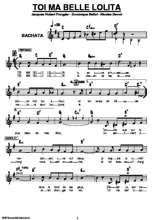 télécharger la partition d'accordéon Toi ma belle Lolita (Bachata) au format PDF