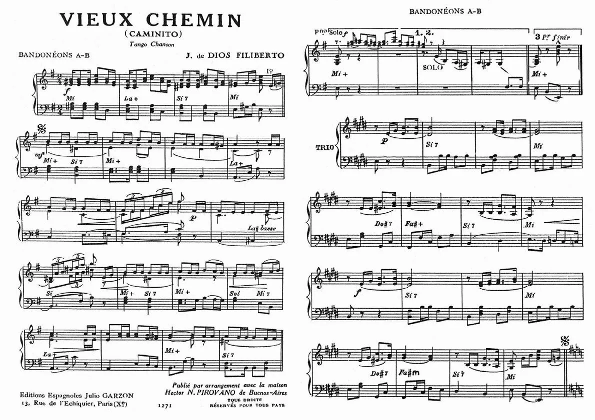 télécharger la partition d'accordéon Vieux chemin (Caminito) (Tango Chanson) au format PDF