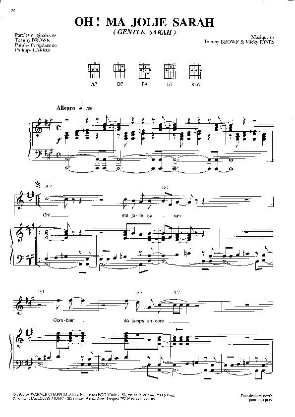 télécharger la partition d'accordéon Oh ma jolie Sarah (Gentle Sarah) (Chant : Johnny Hallyday) (Rock and Roll) au format PDF