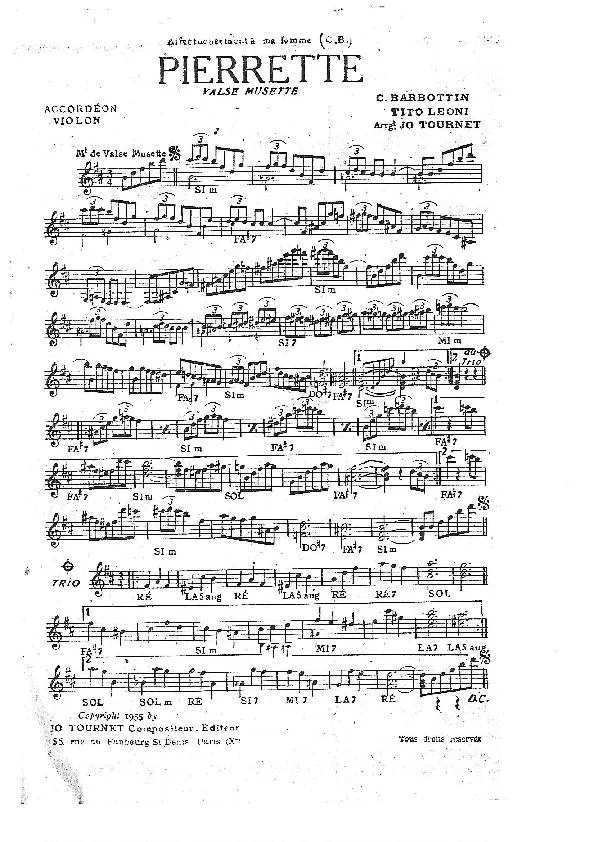 télécharger la partition d'accordéon Pierrette (Arrangement : Jo Tournet) (Valse Musette) au format PDF