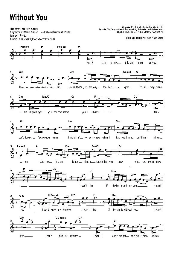 télécharger la partition d'accordéon Without you (Chant : Mariah Carey) (Slow) au format PDF
