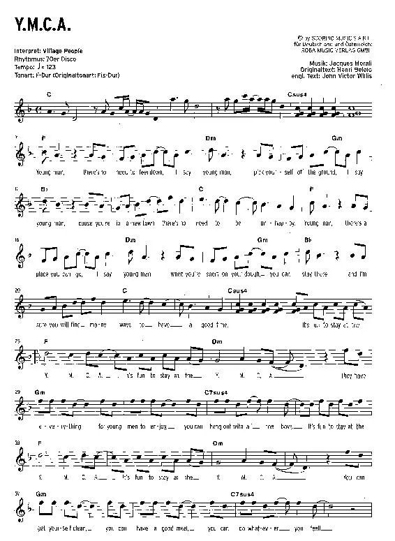 télécharger la partition d'accordéon Y M C A (Interprètes : Village People) (Disco) au format PDF