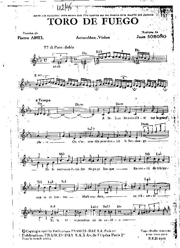 télécharger la partition d'accordéon Toro de Fuego (Paso Doble Chanté) au format PDF