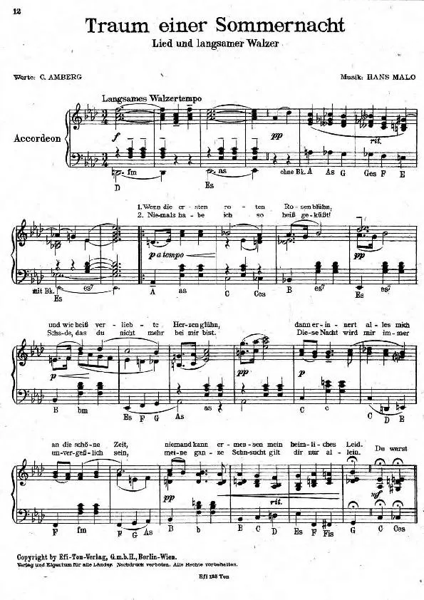 télécharger la partition d'accordéon Traum einer Sommernacht (Lied und Langsamer Walzer) au format PDF