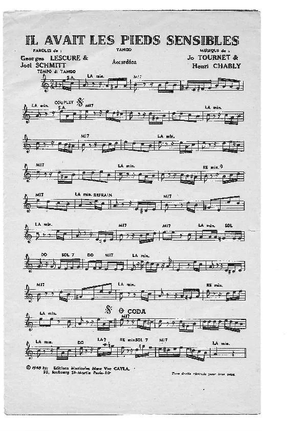 télécharger la partition d'accordéon Il avait les pieds sensibles (Tango) au format PDF