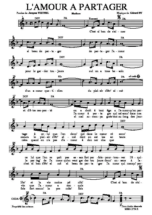télécharger la partition d'accordéon L'amour à partager (Madison) au format PDF
