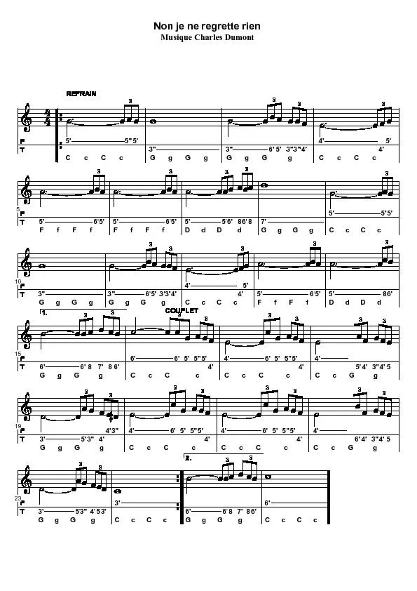 télécharger la partition d'accordéon Non je ne regrette rien (Chant : Edith Piaf) (Accordéon Diatonique) au format PDF