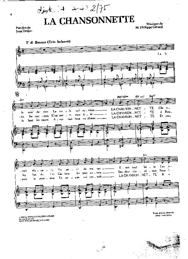 télécharger la partition d'accordéon La Chansonnette (Chant : Yves Montand) (Slow Fox) au format PDF