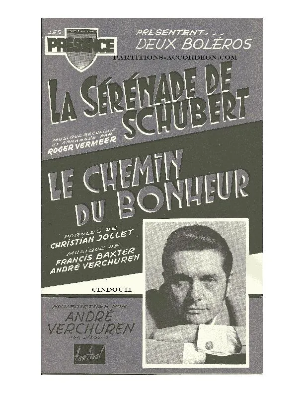 télécharger la partition d'accordéon La sérénade de Schubert (Enregistrée par : André Verchuren) (Orchestration Complète) (Boléro) au format PDF