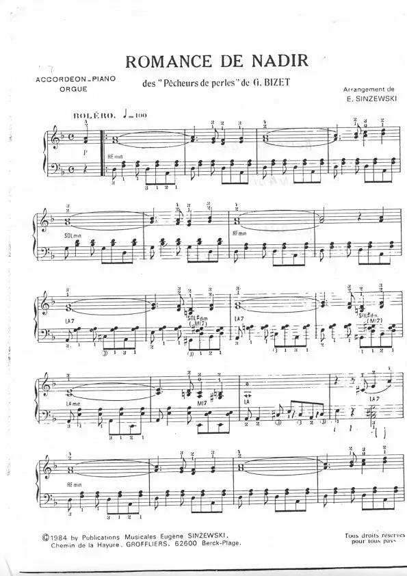 télécharger la partition d'accordéon Romance de Nadir (Des : Pêcheurs de perles) (Arrangement : Eugène Sinzewski) (Boléro) au format PDF