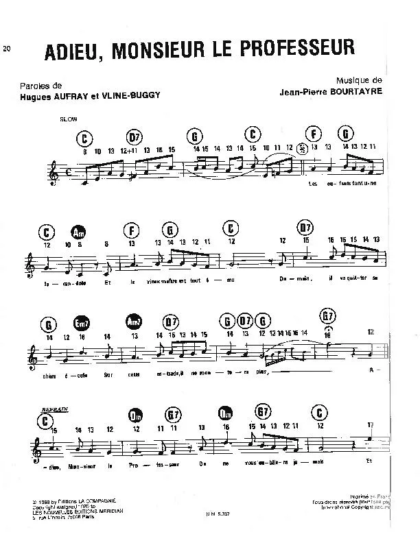 télécharger la partition d'accordéon Adieu Monsieur le Professeur (Slow) au format PDF