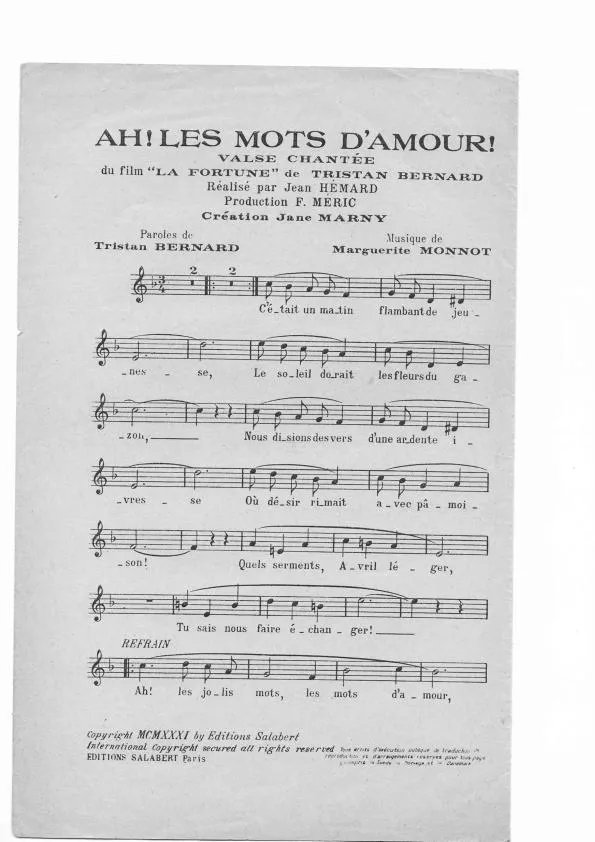 télécharger la partition d'accordéon Ah Les mots d'amour (Du Film : La fortune) (Chant : Jane Marny) (Valse Chantée) au format PDF