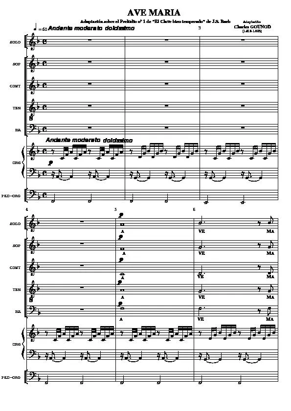 télécharger la partition d'accordéon Ave Maria (Adaptación sobre el Preludio nº 1 de : El Clave bien temperado de Jean-Sébastien Bach) (Orgue + Quartet Vocal + Solo)  au format PDF