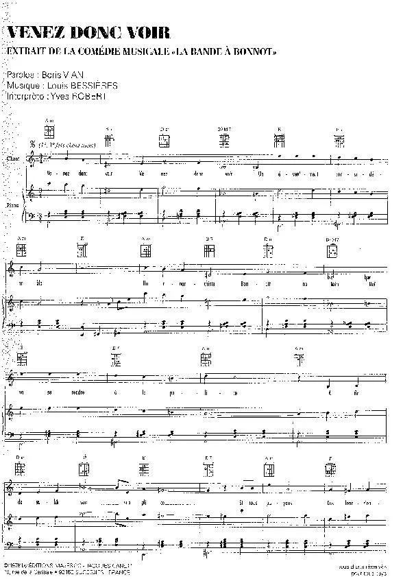 télécharger la partition d'accordéon Venez donc voir (Extrait de la Comédie Musicale : La Bande à Bonnot) (Interprète : Yves Robert) (Valse) au format PDF
