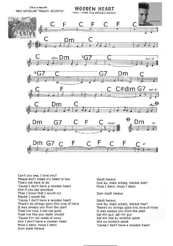 télécharger la partition d'accordéon Wooden Heart (Muss I denn zum Stätele Hinaus) (Chant : Elvis Presley) au format PDF