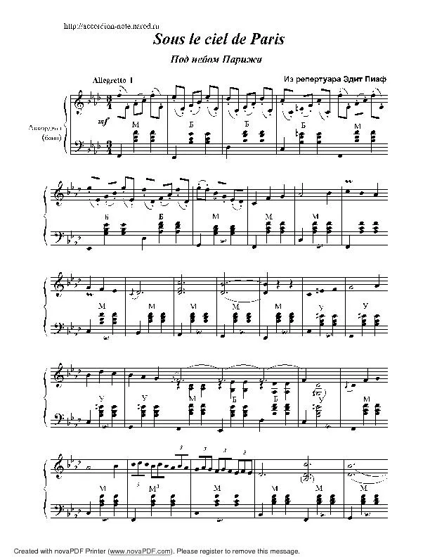 télécharger la partition d'accordéon Sous le Ciel de Paris (Chant : Edith Piaf) au format PDF