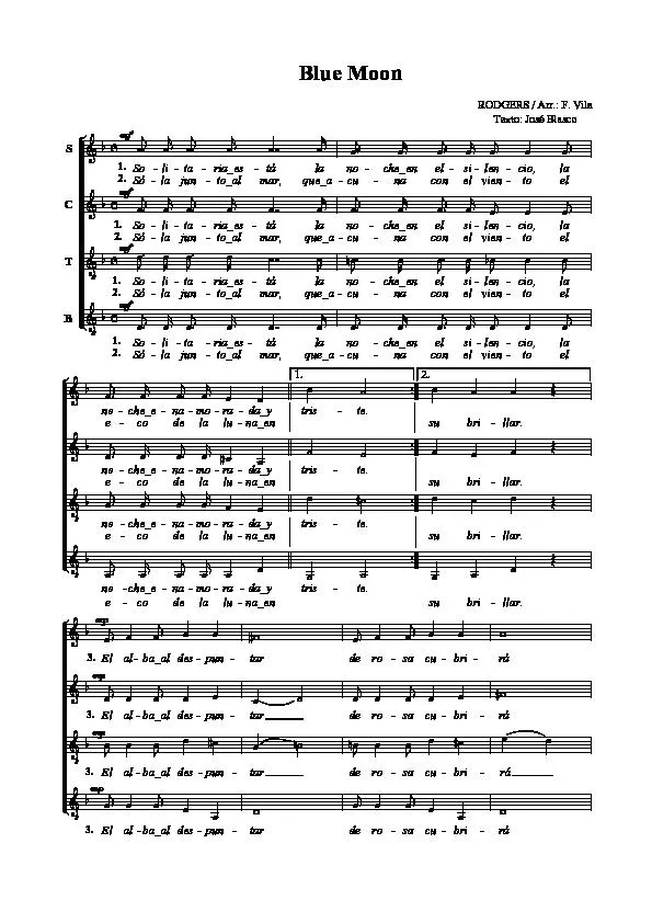 télécharger la partition d'accordéon Blue Moon (Arrangement : F Vila) (Quartet Vocal) au format PDF