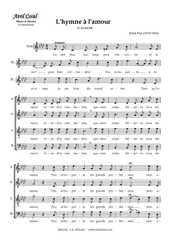 télécharger la partition d'accordéon L'hymne à l'amour (Version Chorale : SATB) au format PDF