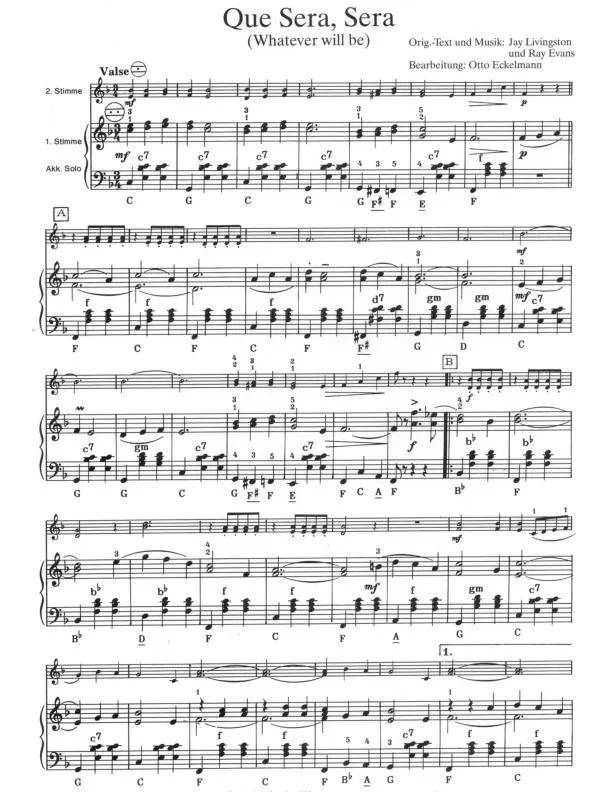 télécharger la partition d'accordéon Que sera sera (Whatever will be) (Arrangement : Otto Eckelmann) (Duo d'Accordéons) au format PDF
