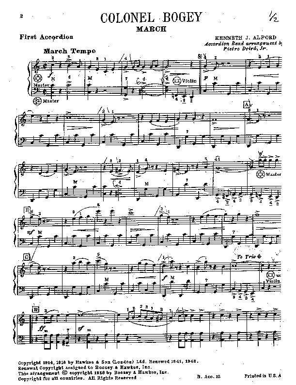 télécharger la partition d'accordéon Colonel Bogey (Arrangement : Pietro Deiro Jr) (1er + 2ième + 3ième Accordéon) (Marche) au format PDF