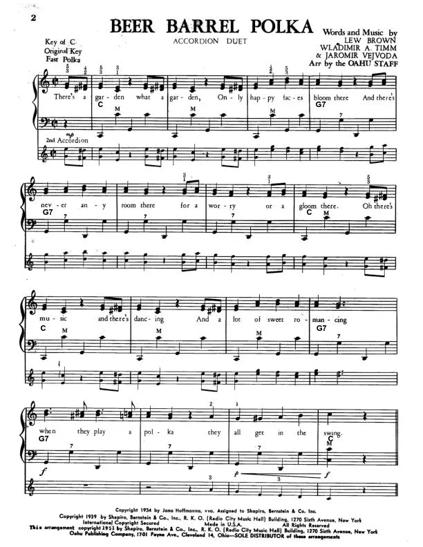 télécharger la partition d'accordéon Beer Barrel Polka (Arrangement : The Oahu Staff) (Duo d'Accordéons) au format PDF