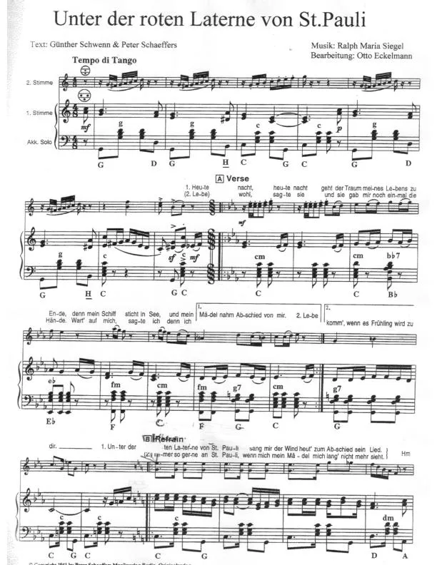 télécharger la partition d'accordéon Unter der roten Laterne von St Pauli (Arrangement : Otto Eckelmann) (Duo d'Accordéons) au format PDF