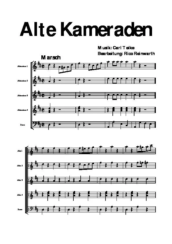 télécharger la partition d'accordéon Alte Kameraden (Arrangement : Rico Reinwarth) (1er + 2ième + 3ième + 4ième Accordéon + Basse) (Marche) au format PDF