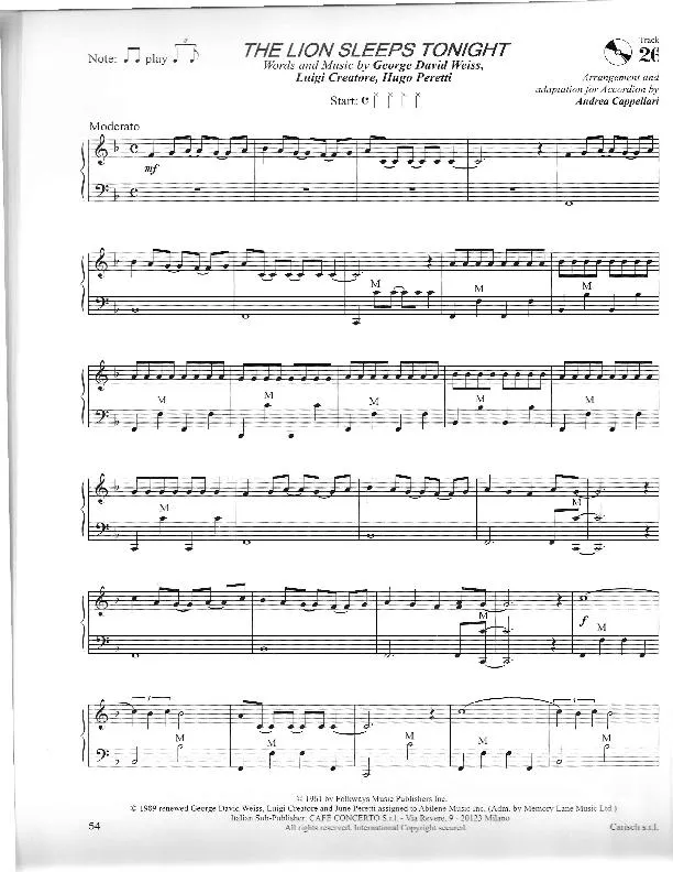 télécharger la partition d'accordéon The lion sleeps tonight (Le lion est mort ce soir) (Chant : Pow Wow / Henri Salvador) (Arrangement pour accordéon de Andrea Cappellari) (Ballade) au format PDF