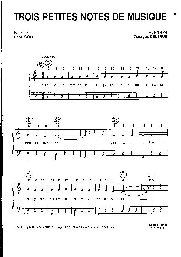 télécharger la partition d'accordéon Trois petites notes de musique (Chant : Cora Vaucaire) (Valse) au format PDF