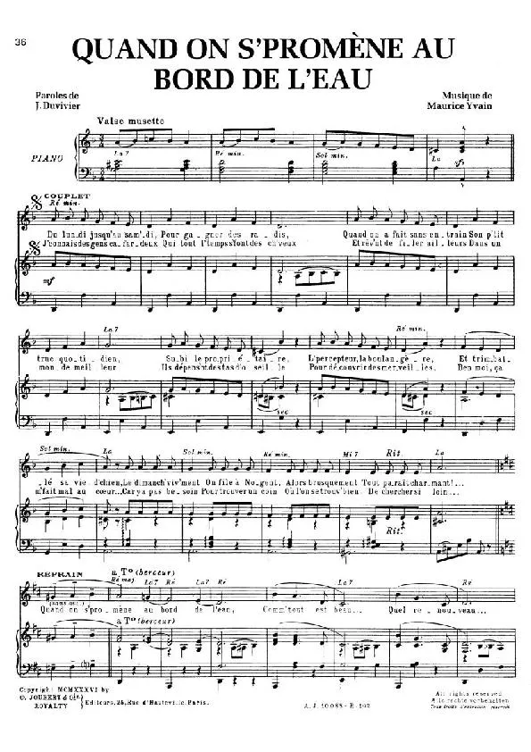 télécharger la partition d'accordéon Quand on s' promène au bord de l'eau (Chant : Jean Gabin) (Valse Musette) au format PDF