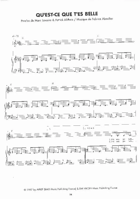 télécharger la partition d'accordéon Qu'est-ce que t'es belle (Interprète : Marc Lavoine et Catherine Ringer) (Ballade) au format PDF