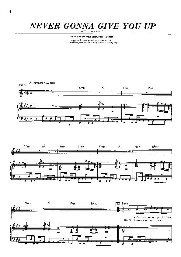 télécharger la partition d'accordéon Never gonna give you up (Interprète : Rick Astley) (Disco Rock) au format PDF