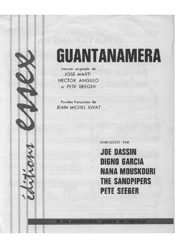 télécharger la partition d'accordéon Guantanamera (Chant : Joe Dassin / Digno Garcia / Nana Mouskouri / The Sandpipers) (Guajira) au format PDF